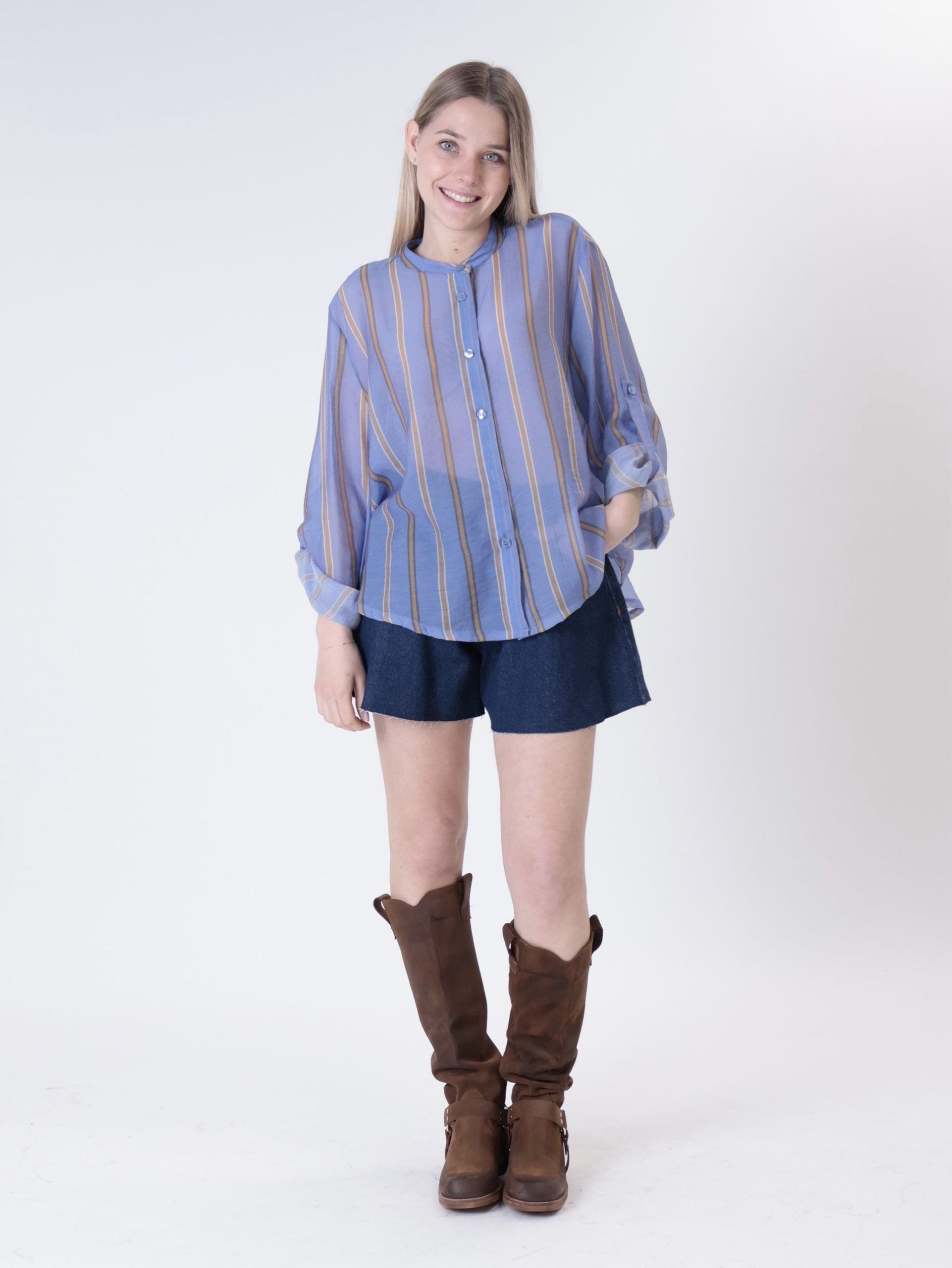 Camicia coreana riga celeste/cammello