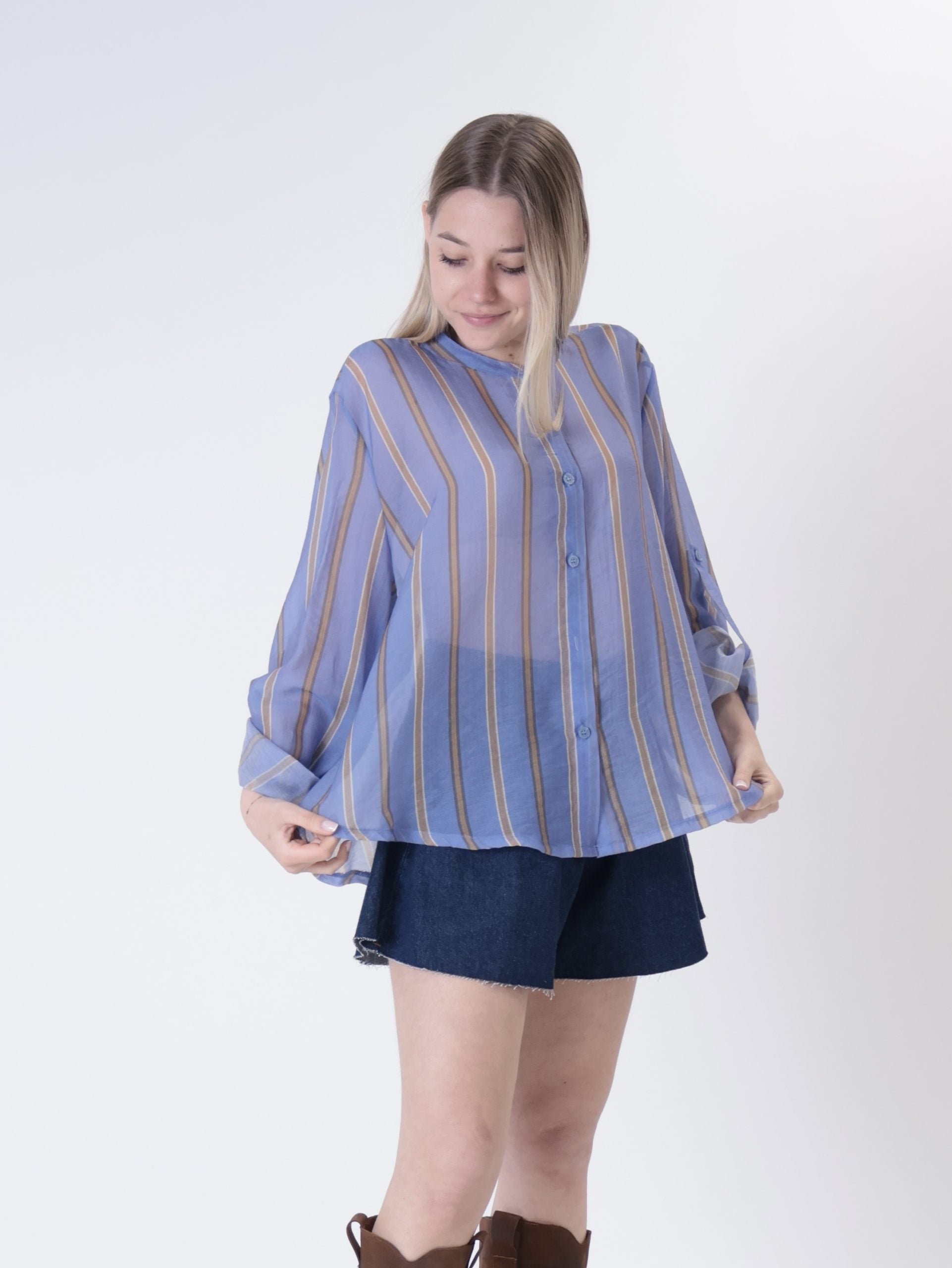 Camicia coreana riga celeste/cammello