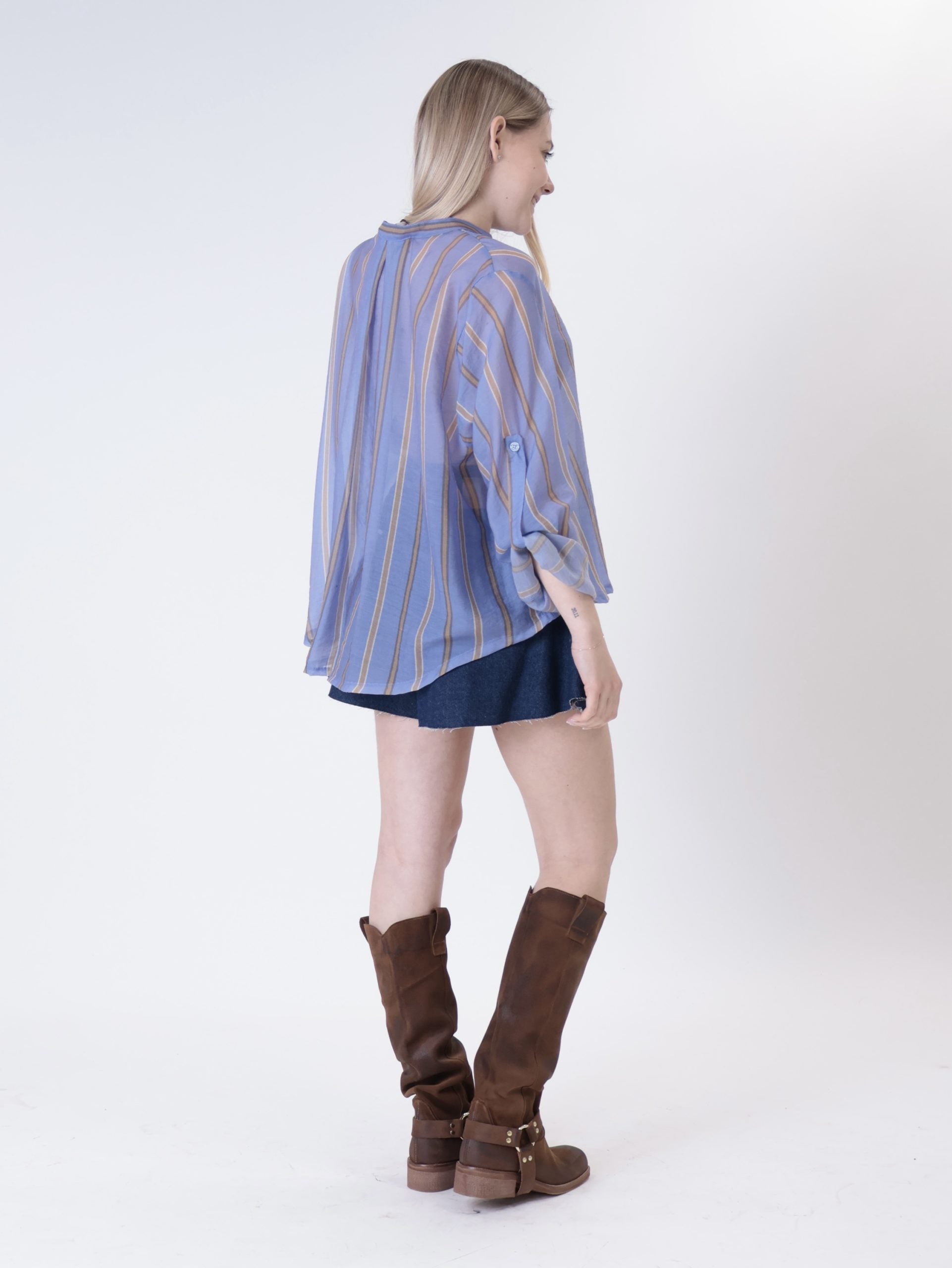 Camicia coreana riga celeste/cammello