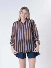 Brown/light blue striped Korean collar shirt
