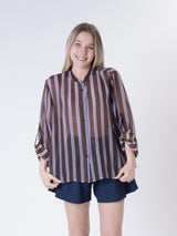 Brown/light blue striped Korean collar shirt