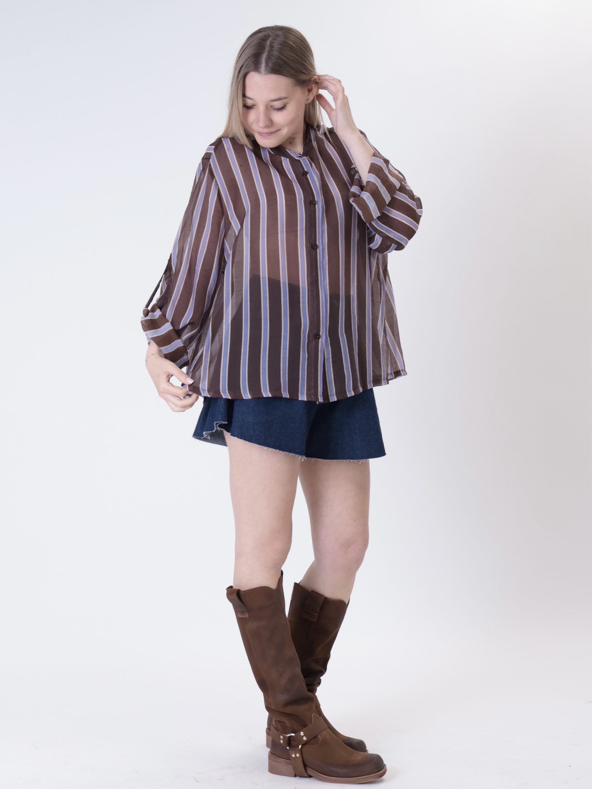 Brown/light blue striped Korean collar shirt
