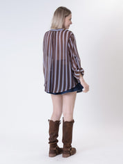 Brown/light blue striped Korean collar shirt