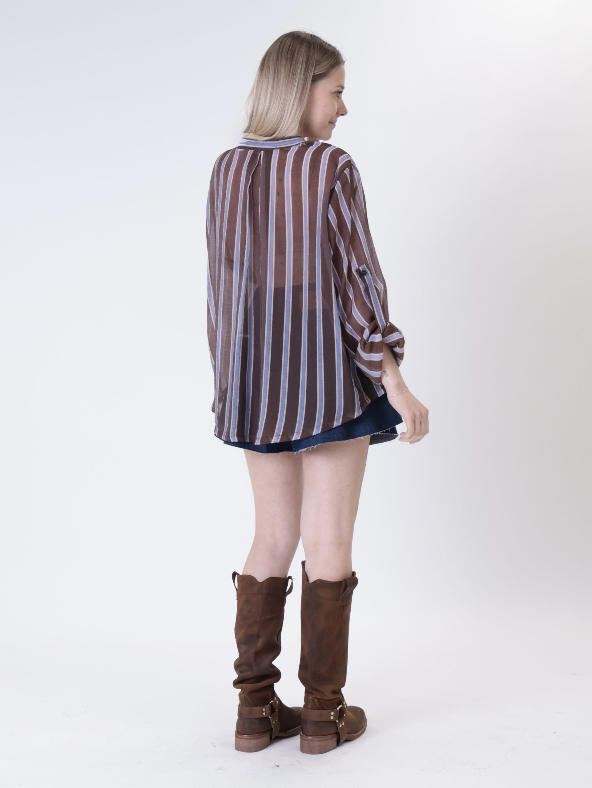 Brown/light blue striped Korean collar shirt