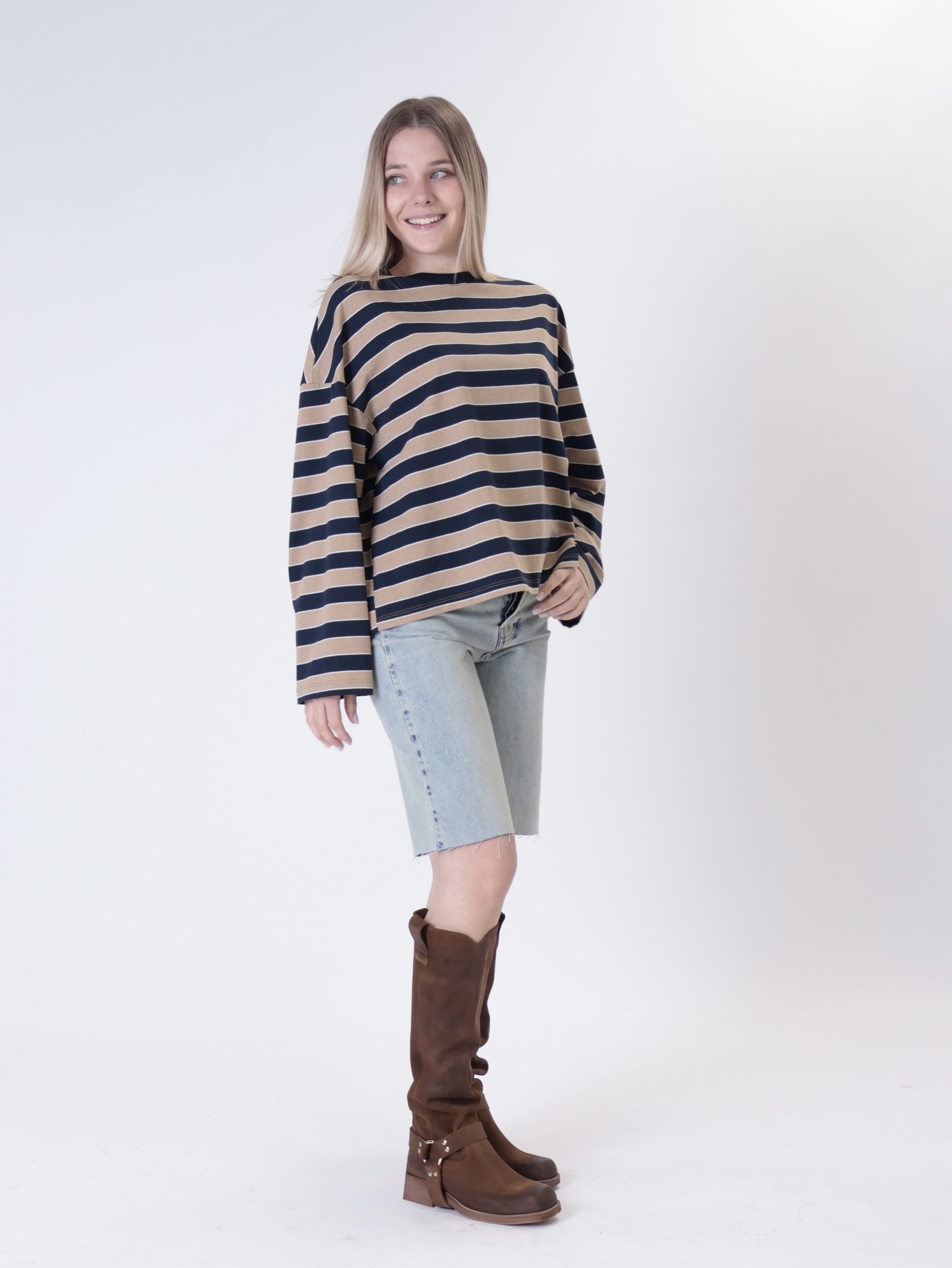 T-shirt m/lunga riga blu/beige