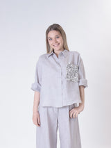 Pearl sequin pocket shirt 100% linen