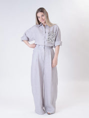 Pearl sequin pocket shirt 100% linen