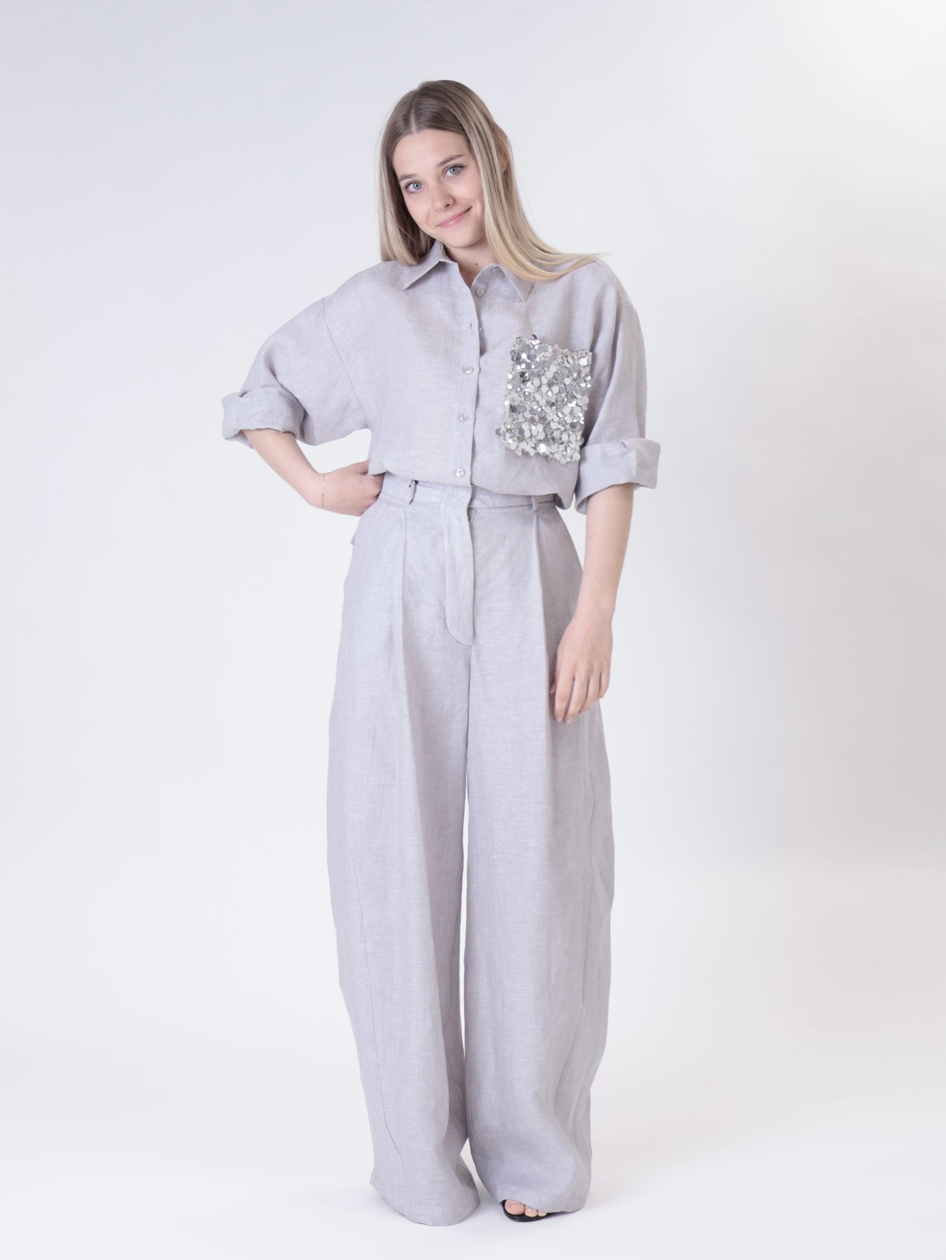 Pearl sequin pocket shirt 100% linen