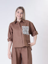 Burnt sequin pocket 100% linen shirt