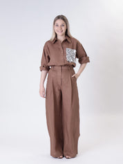 Burnt sequin pocket 100% linen shirt