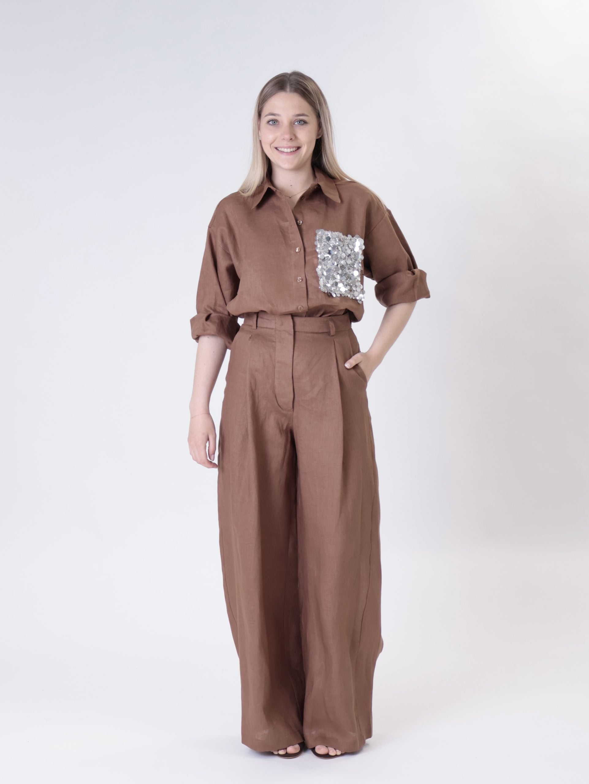 Burnt sequin pocket 100% linen shirt
