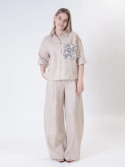 Sand 100% linen shirt with sequin pocket