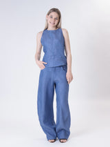 Wide-strap top 100% indigo linen