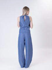 Wide-strap top 100% indigo linen