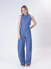 Indigo 100% linen barrel-leg trousers