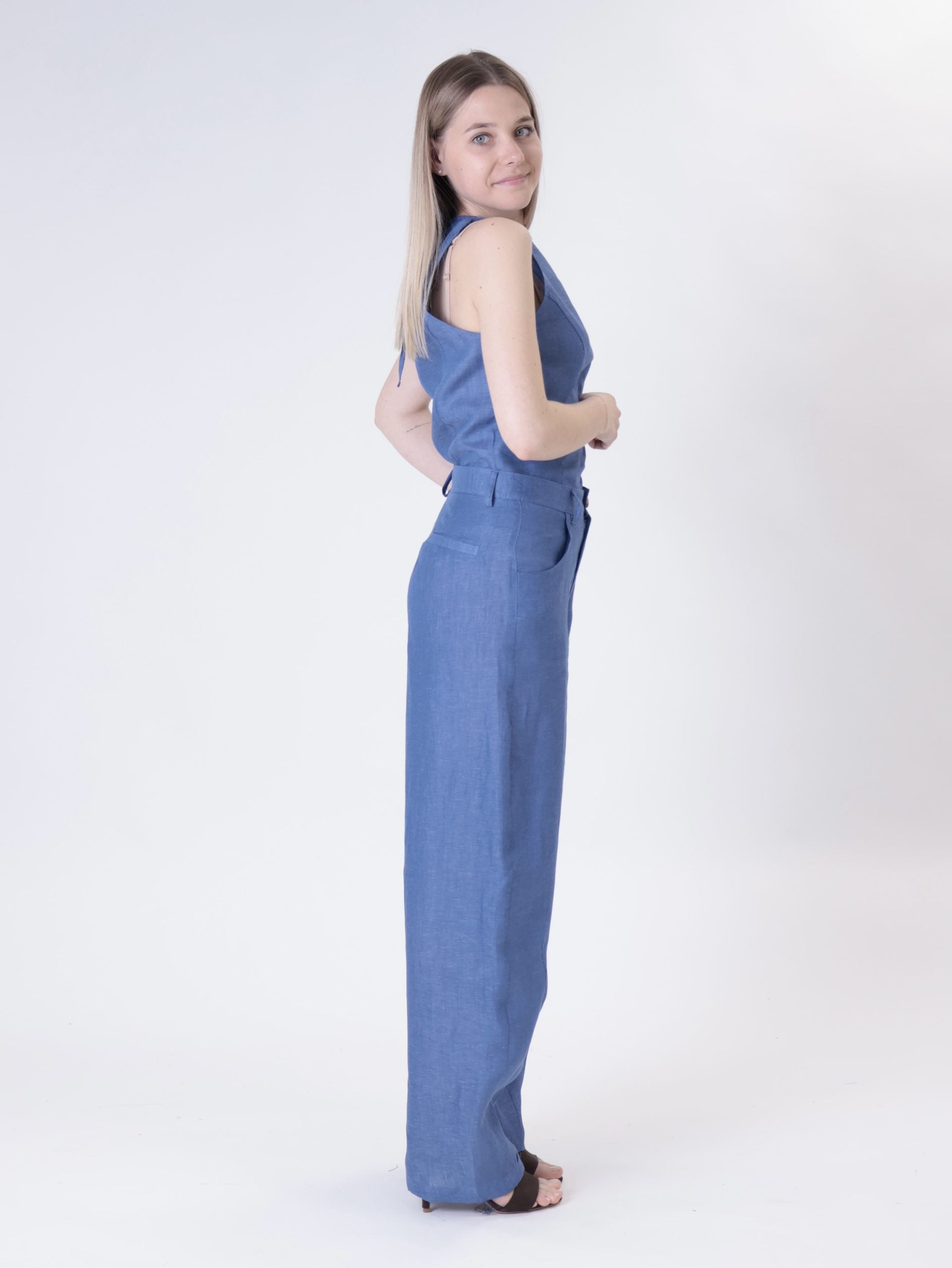 Indigo 100% linen barrel-leg trousers