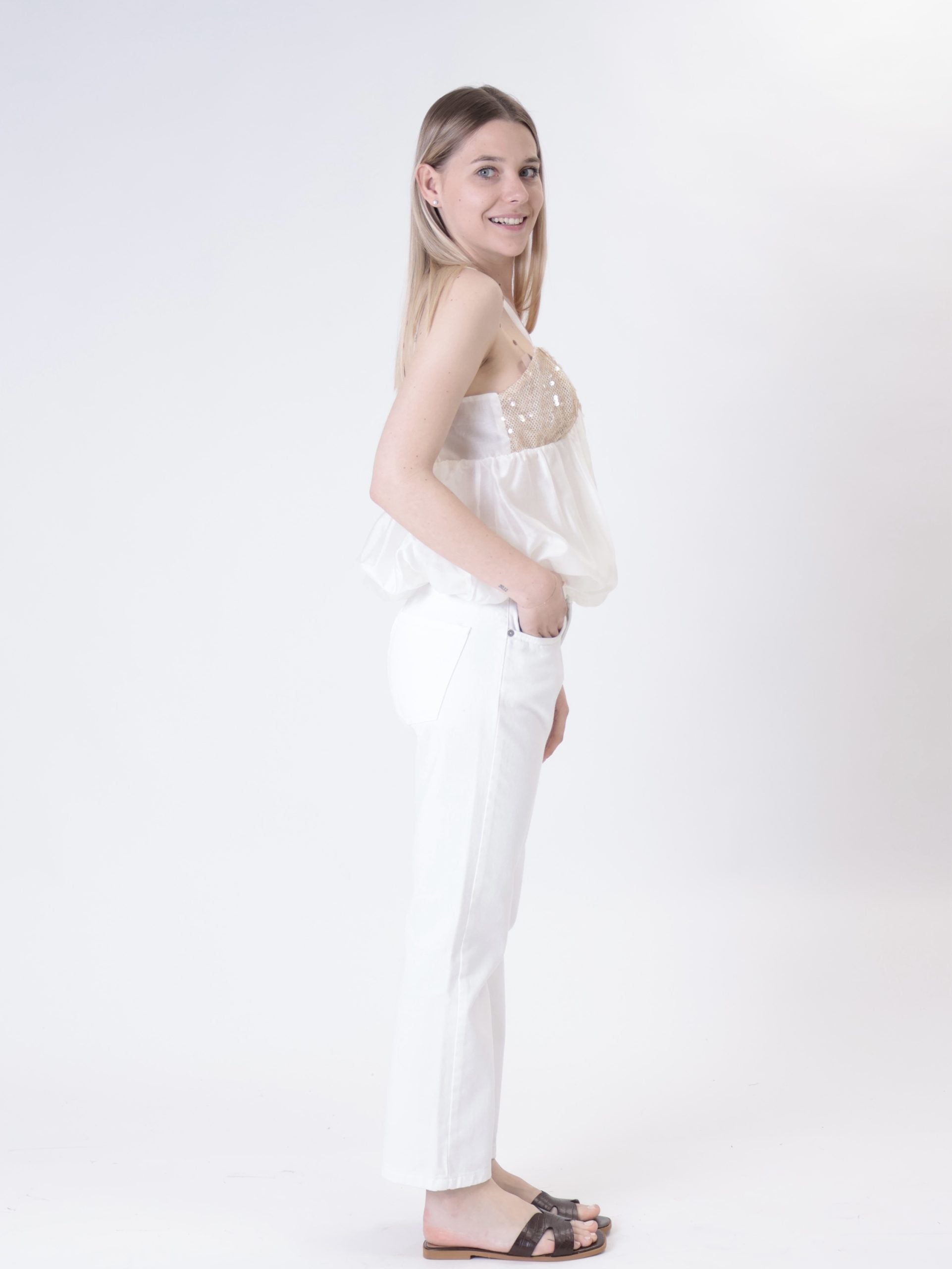 Top paillettes spallina stretta burro