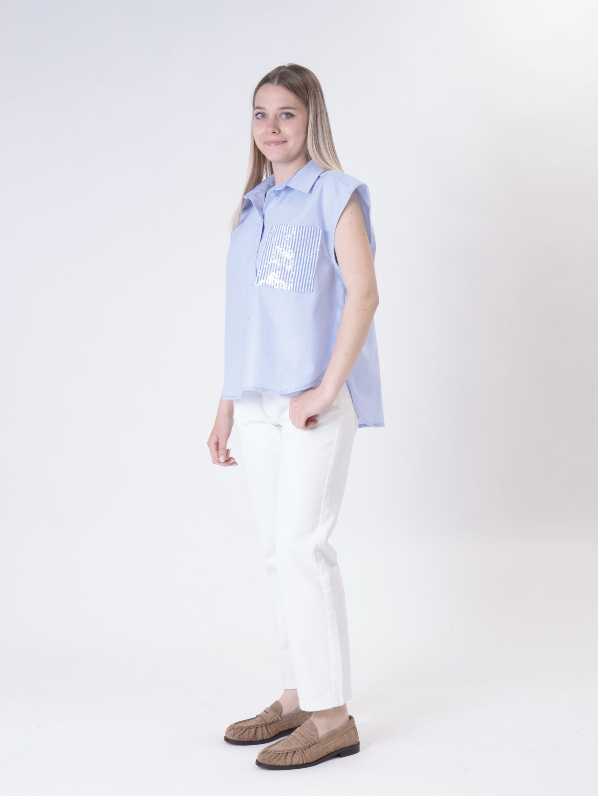Camicia smanicata tasca rigata pailettes