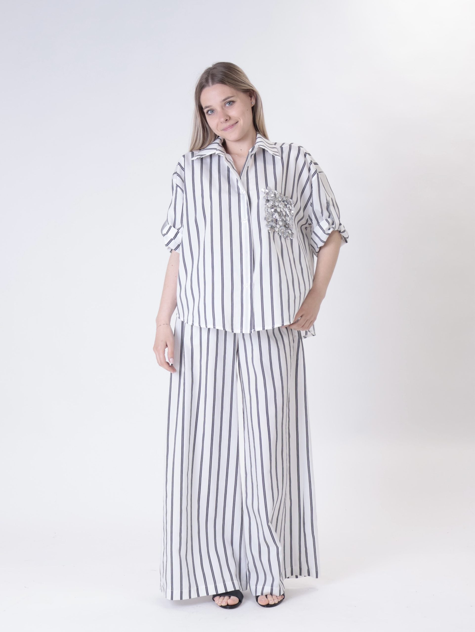 Camicia tasca paillettes riga nera