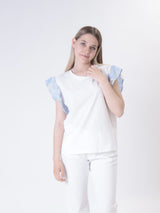 T-shirt bianca spalle ricamo celeste