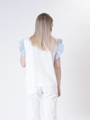T-shirt bianca spalle ricamo celeste