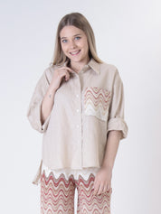 Camicia 100% lino sabbia tasca onde
