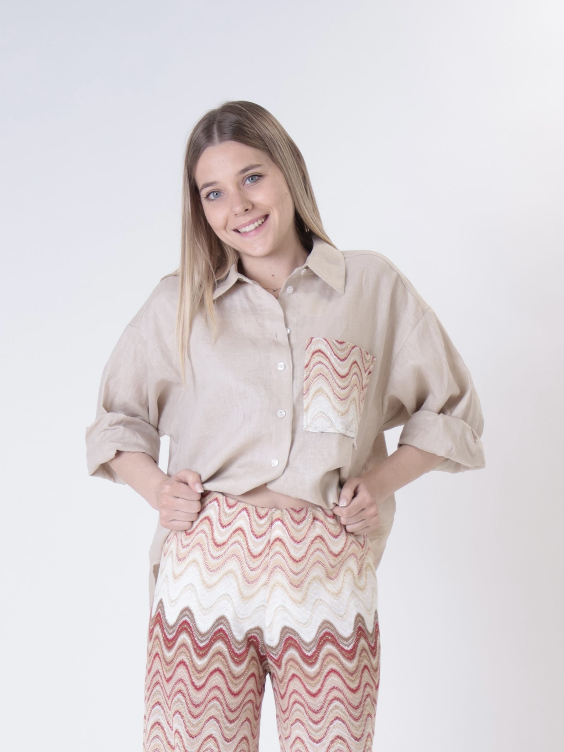 Camicia 100% lino sabbia tasca onde