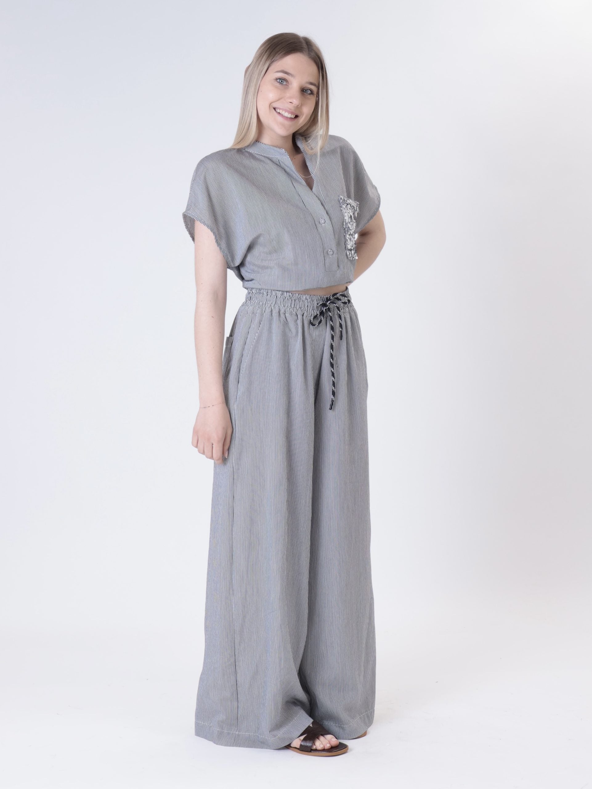 Black/white pinstripe trousers