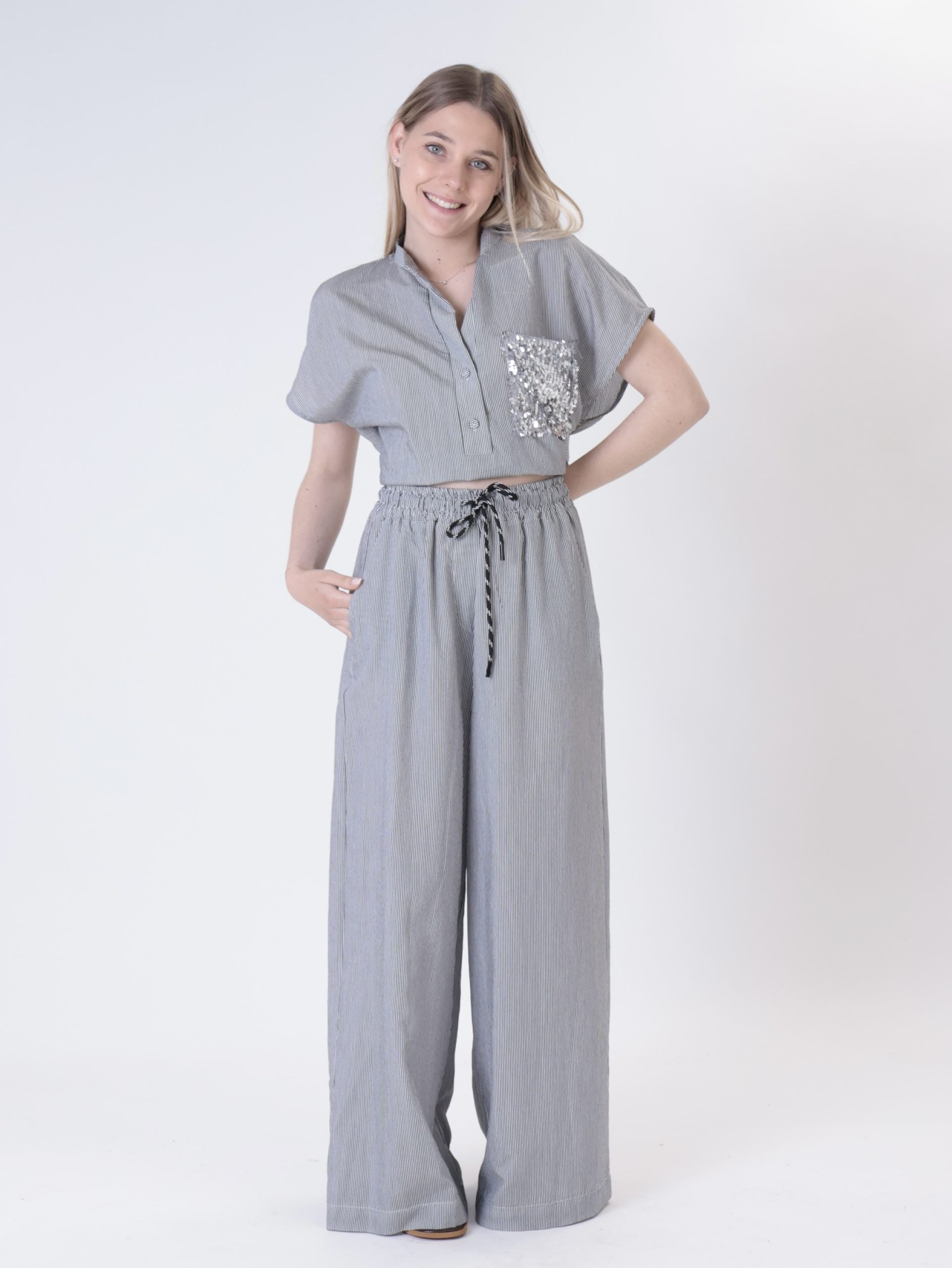 Black/white pinstripe trousers