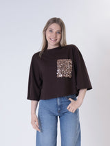 T-shirt crop tasca paillettes moro
