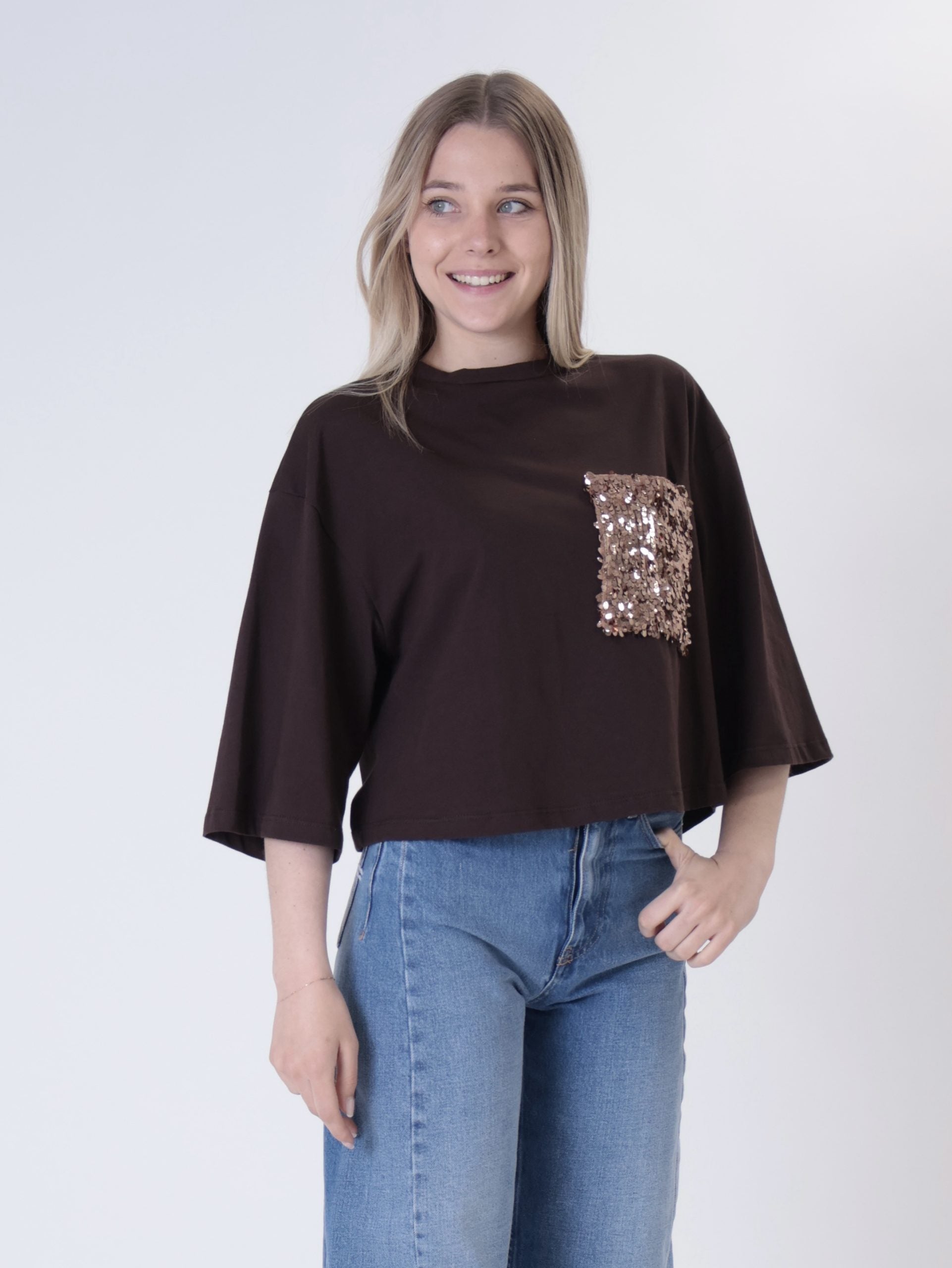 T-shirt crop tasca paillettes moro