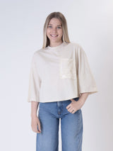 T-shirt crop tasca paillettes avorio