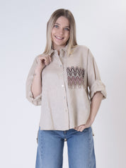 Camicia 100% lino sabbia tasca zig zag