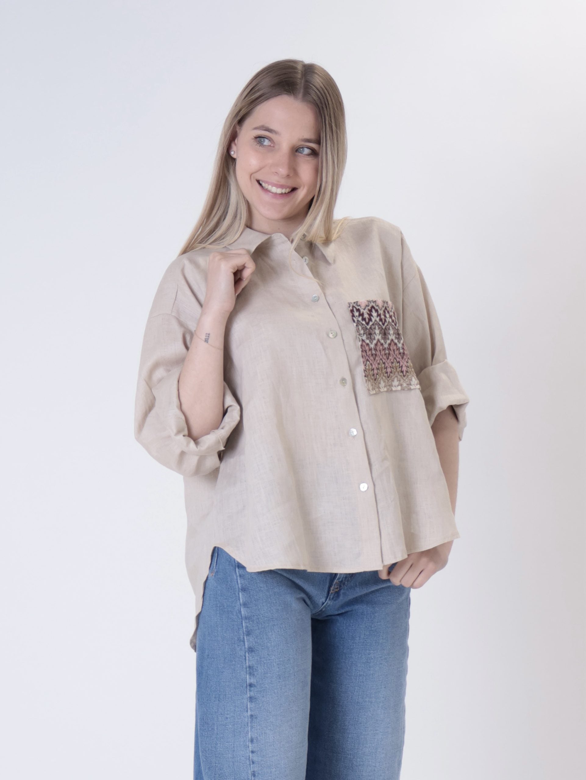 Camicia 100% lino sabbia tasca zig zag