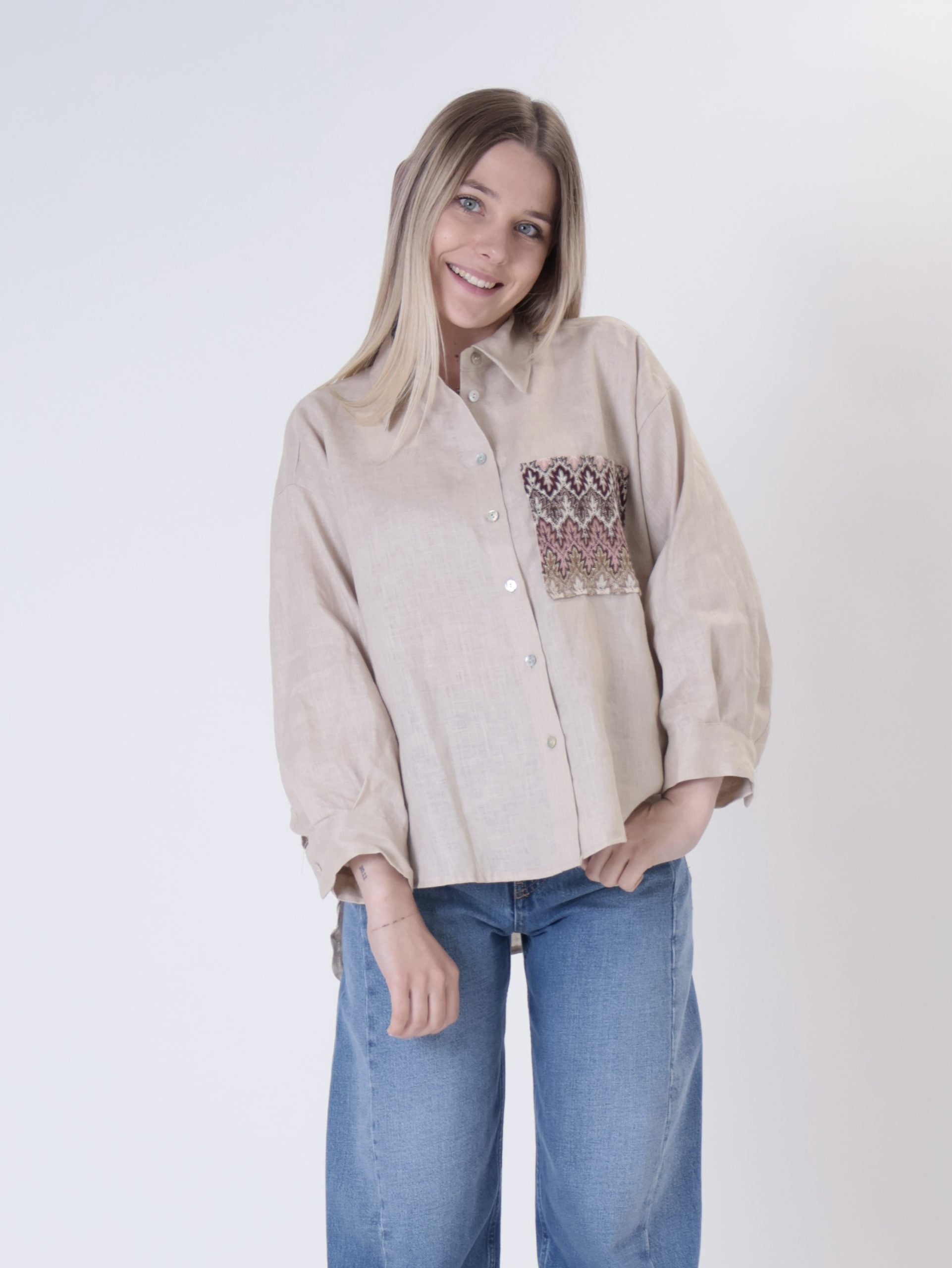 Camicia 100% lino sabbia tasca zig zag