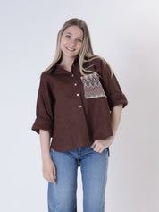 100% dark brown linen shirt with mixed pocket