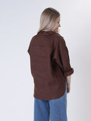 100% dark brown linen shirt with mixed pocket