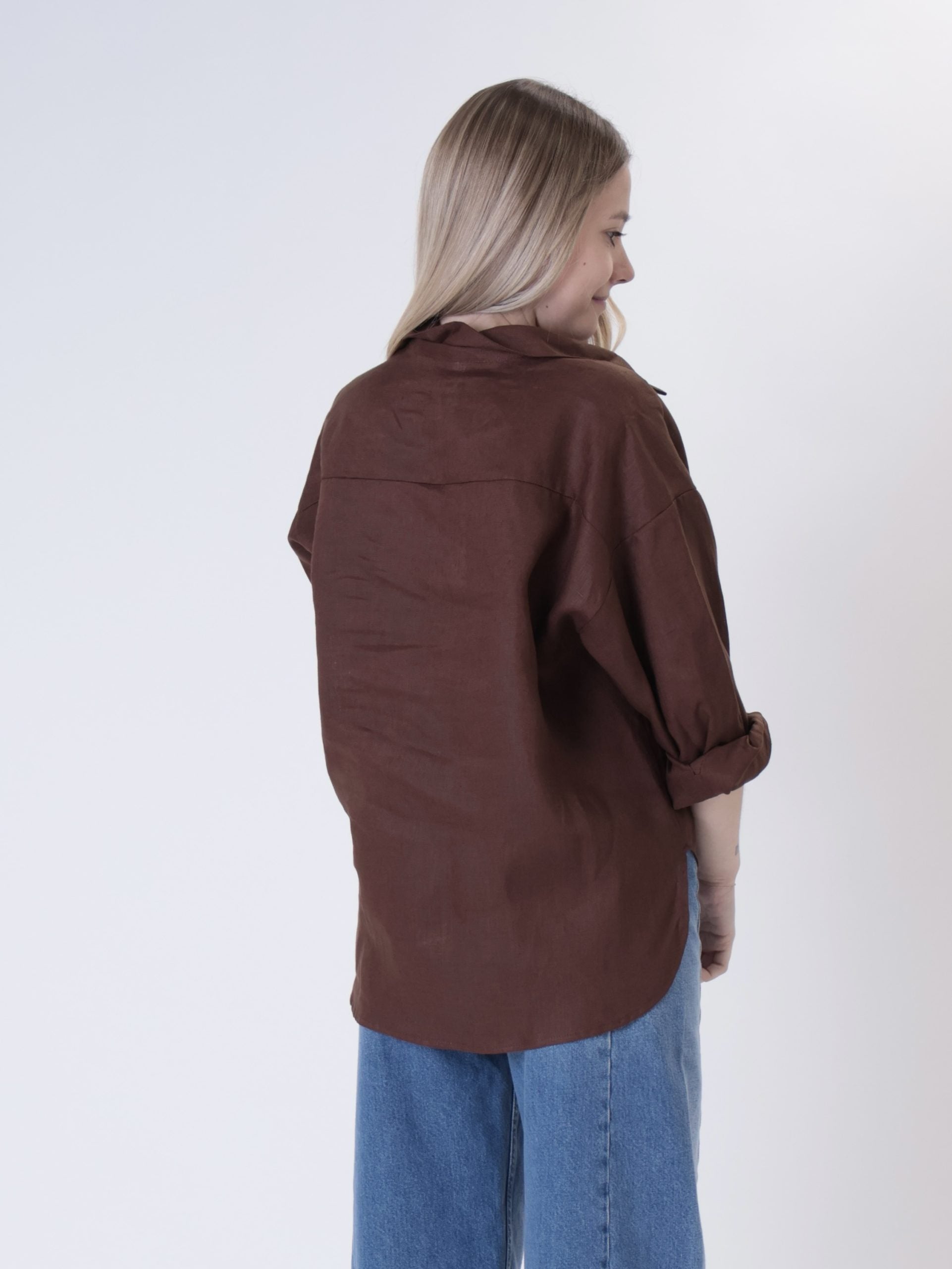 100% dark brown linen shirt with mixed pocket