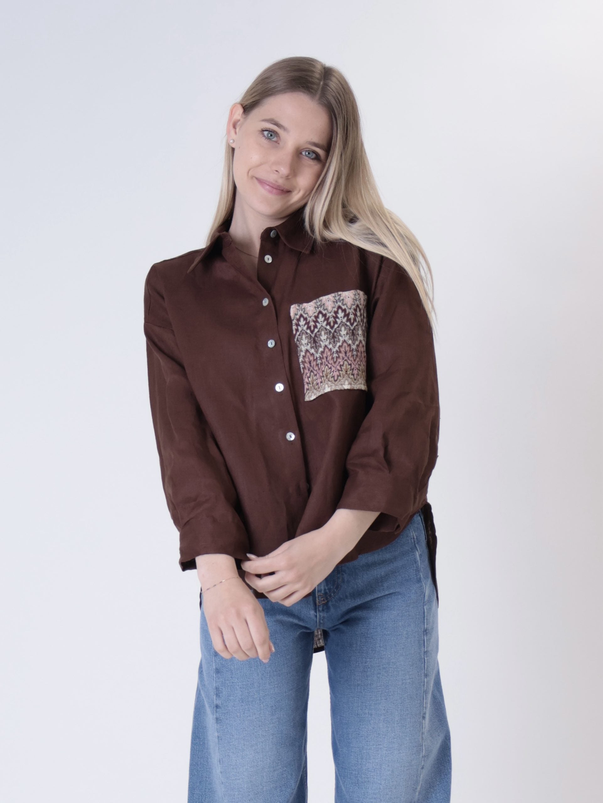 100% dark brown linen shirt with mixed pocket