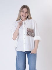 Camicia 100% lino bianco tasca zig zag