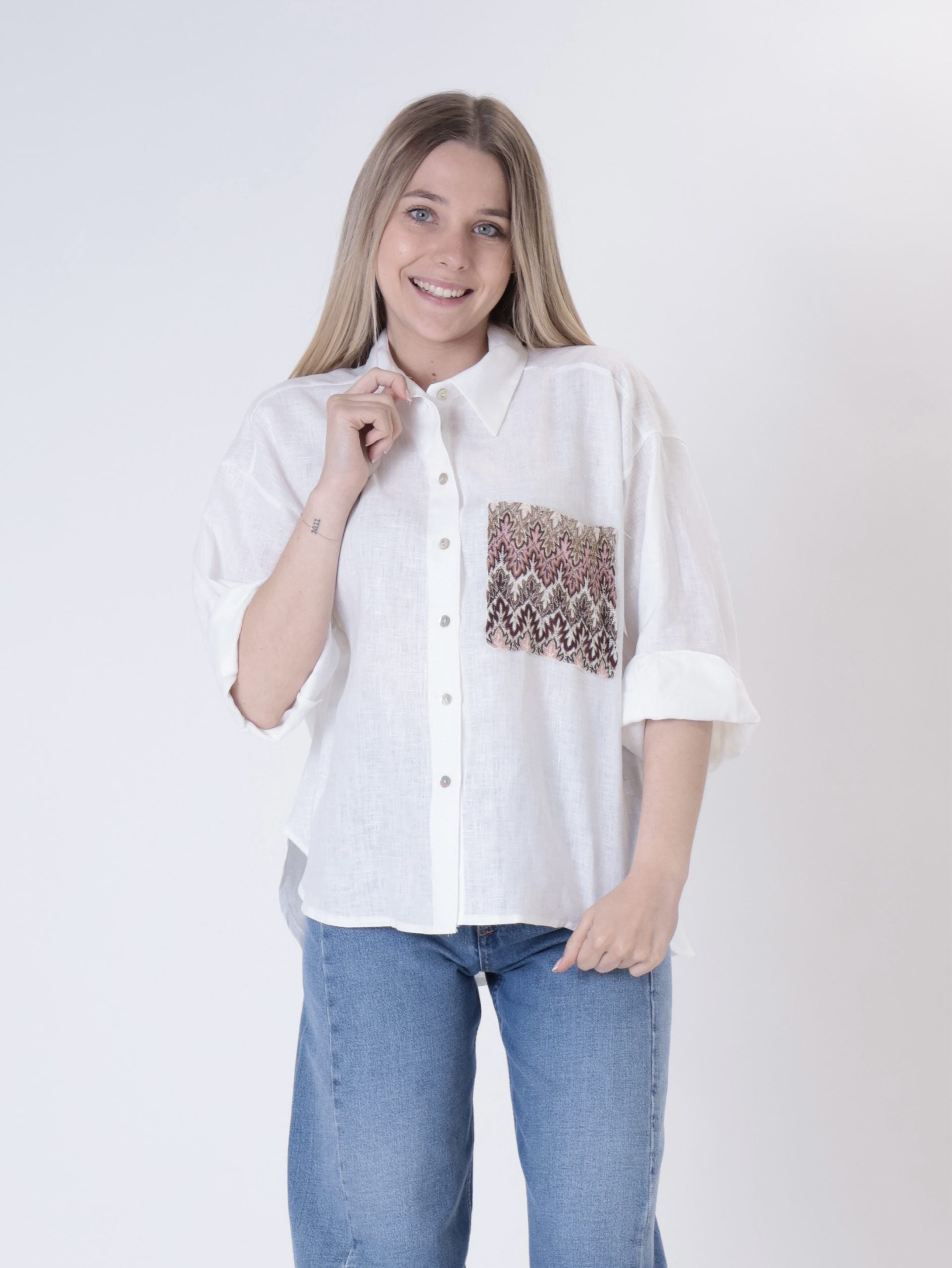 Camicia 100% lino bianco tasca zig zag