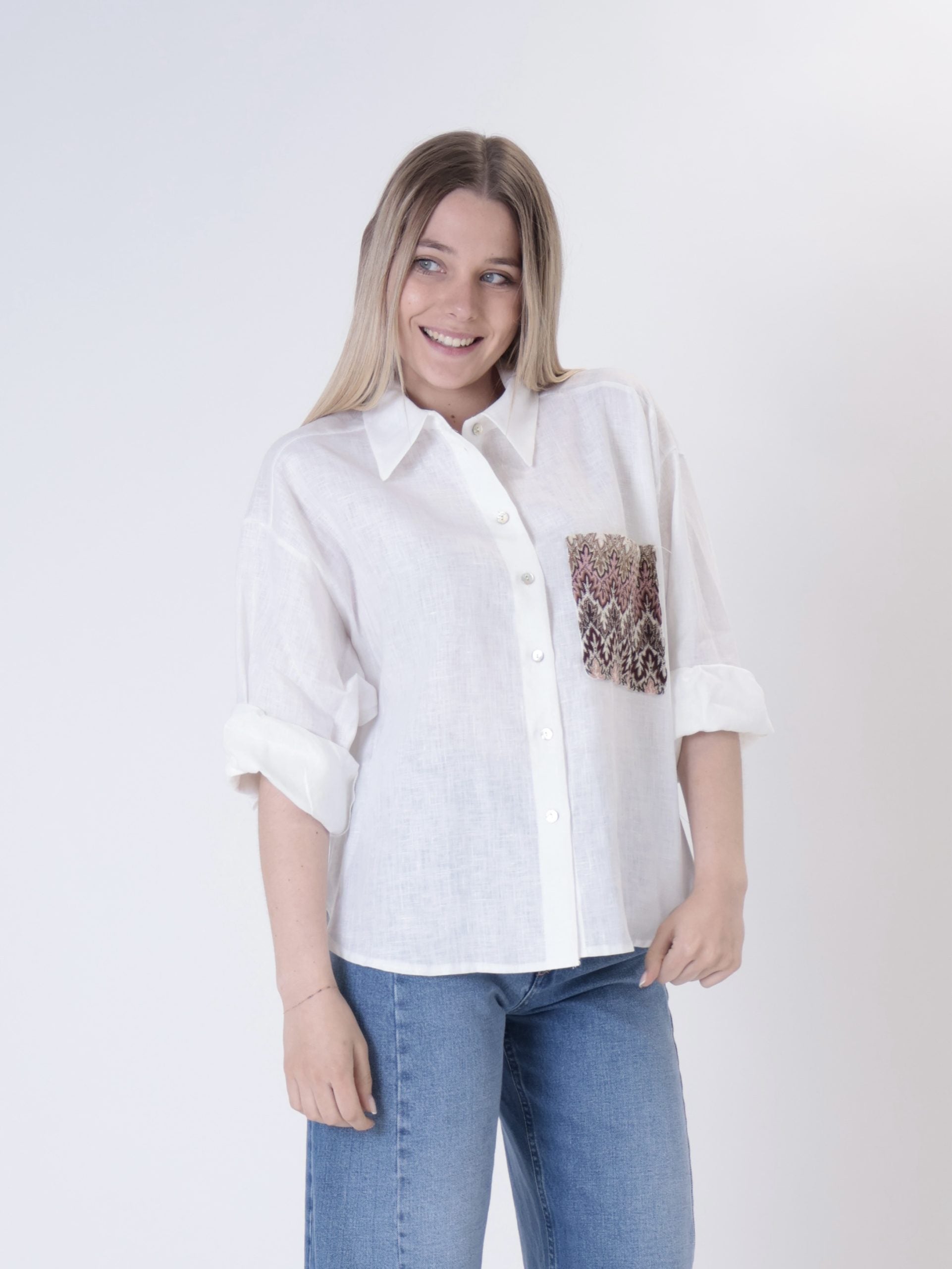 Camicia 100% lino bianco tasca zig zag