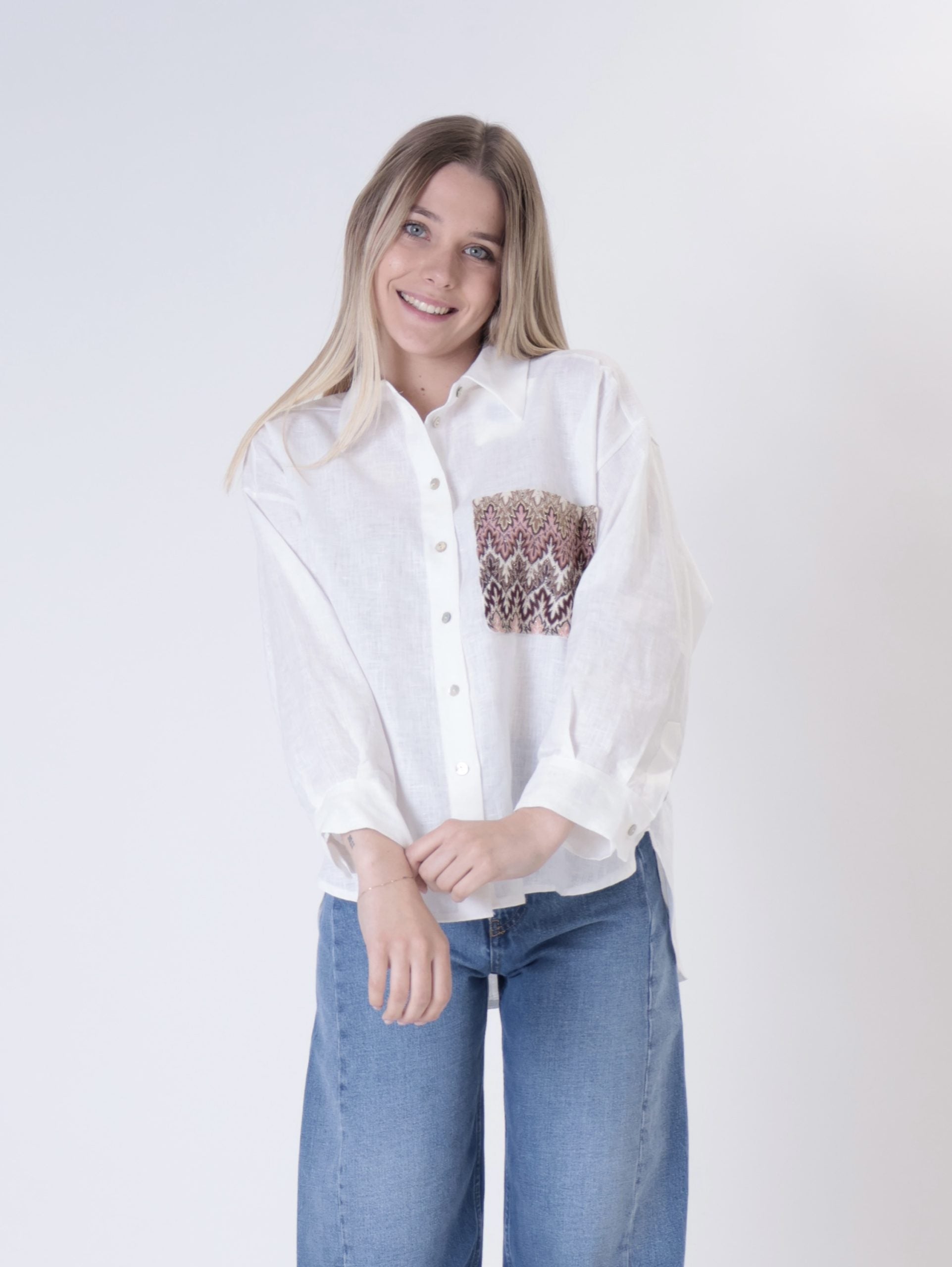 Camicia 100% lino bianco tasca zig zag