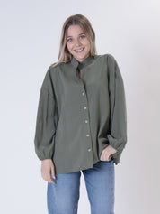 Military green cupro V-neck shirt