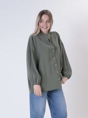 Military green cupro V-neck shirt