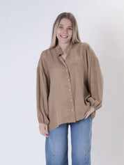 Camel cupro V-neck shirt