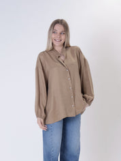Camel cupro V-neck shirt