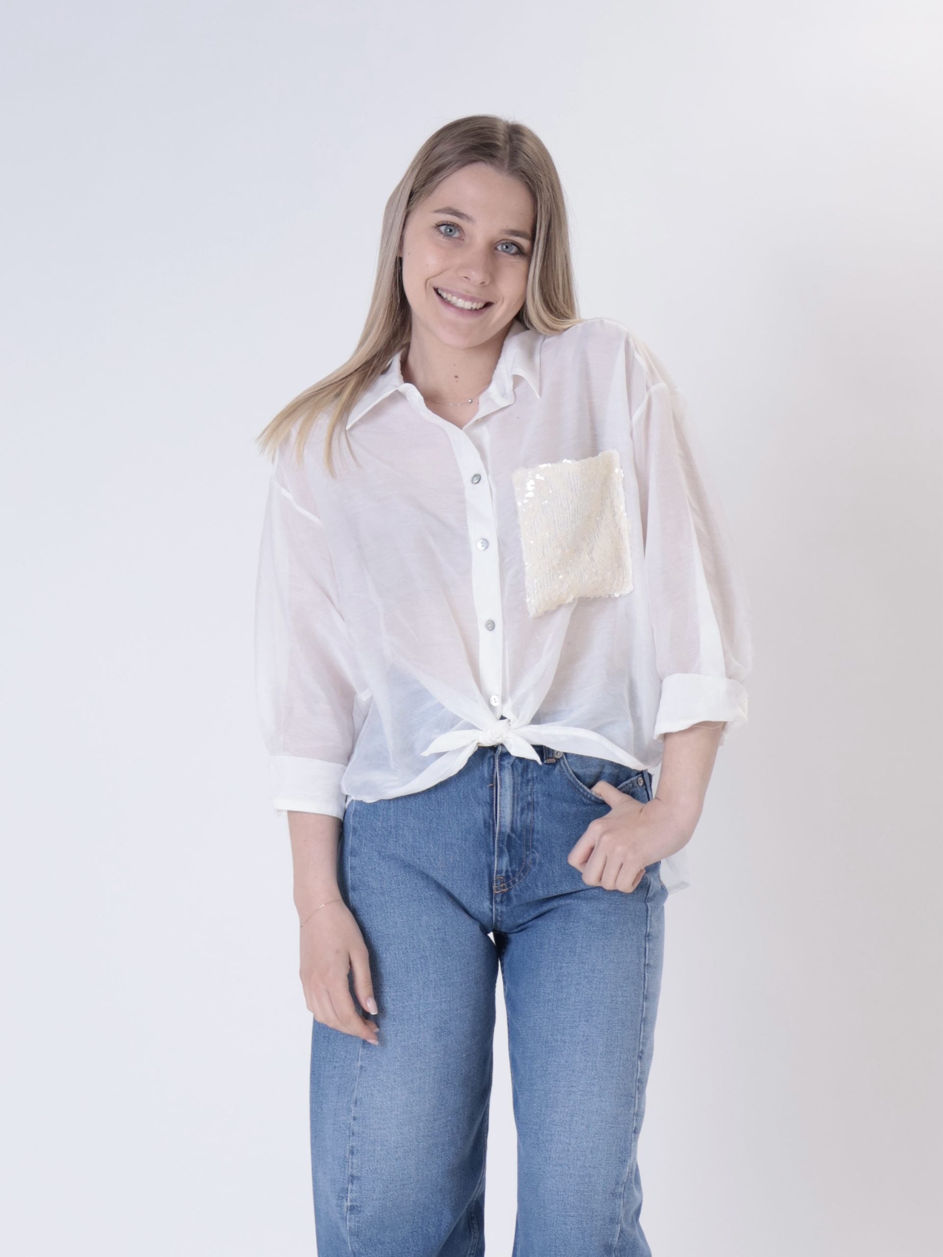 Camicia panna tasca paillettes bianca