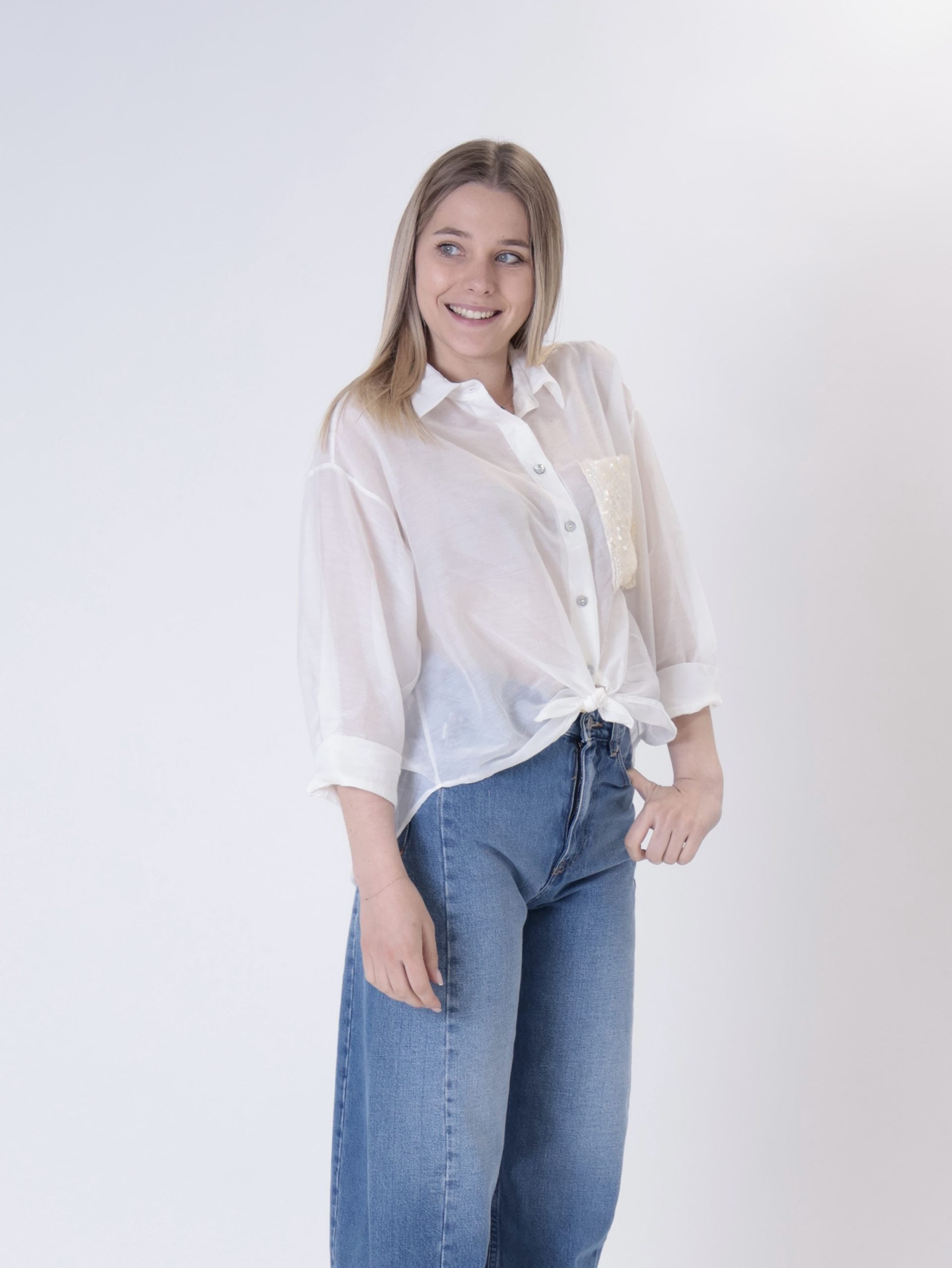 Camicia panna tasca paillettes bianca
