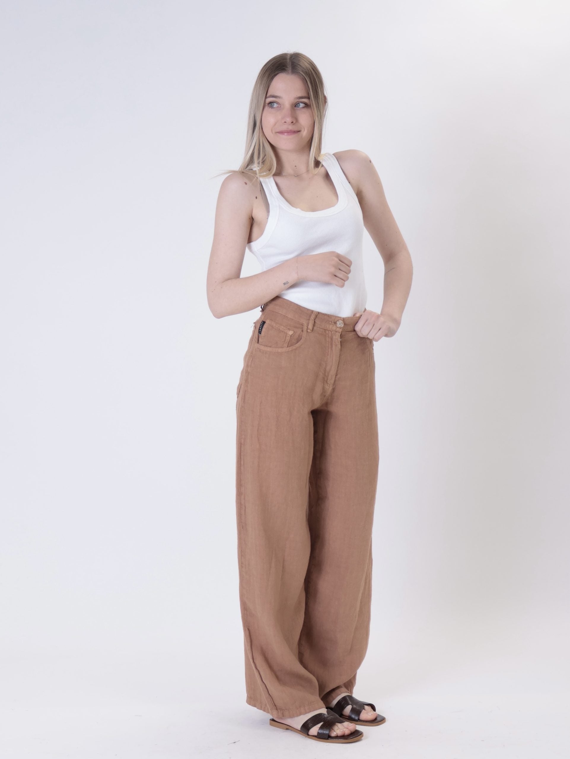 Pantalone bella puro lino cammello